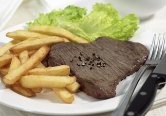 PLATE WITH STEAK, SALAD AND FRENCH FRIES