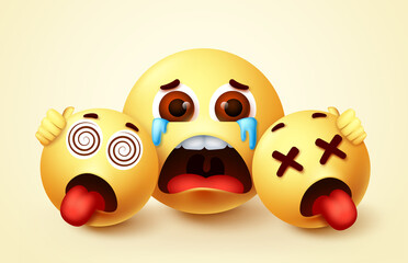 Smiley emoji hopeless crying character vector design. Emoji smiley of parent and children emoticon in sad, tears, hungry and tired facial expression. Vector illustration.
