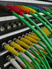SDI video cables connected to patch panel