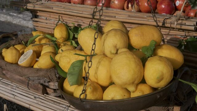 close up of lemons for sale at positano on the amalfi coast in southern italy