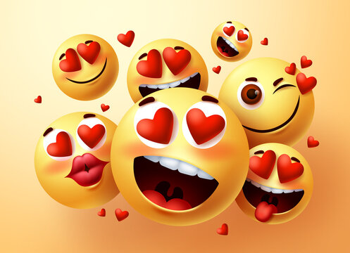 Emoji smiley in love vector creator set. Smiley emojis with hearts and in love face with different facial expression for emoticon design and symbol element. Vector illustration
