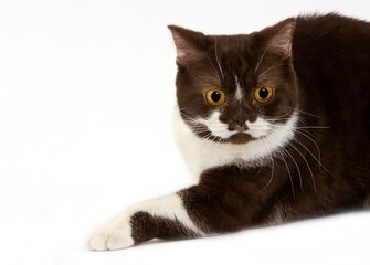 CHOCOLATE AND WHITE BRITISH SHORTHAIR CAT, FEMALE AGAINST WHITE BACKGROUND