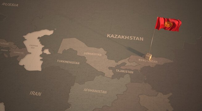 Flag on the map of kyrgyzstan.
Vintage Map and Flag of Central Asia Countries Series 3D Rendering