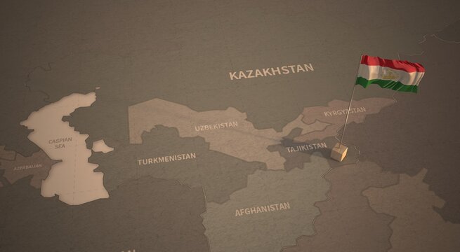 Flag on the map of tajikistan.
Vintage Map and Flag of Central Asia Countries Series 3D Rendering