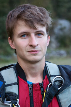 BASE jumper in his gear after landing portrait