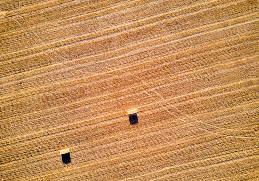 Aerial View of a wheat field and bales.