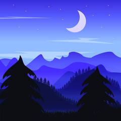 Forest and mountain night landscape, silhouettes of fir trees. Vector illustration EPS 10. For registration of articles, for printing on t-shirts, bags, cases. For posters and wallpapers. Flat style