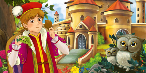 Cartoon scene with owls with beautiful castle near forest with young boy illustration