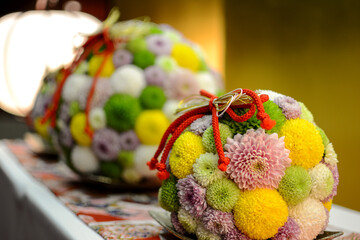 正月用の色とりどりの、まん丸い菊とリボンのフラワーアレンジメント。菊花展。菊まつり。愛好家。品評会、展覧会。祭典。全国大会。天地人。天・地・人。組花。盆栽。草丈。単鉢。重陽の節句。金屏風。組紐。水引。