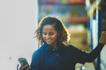 Worker with scanner making review of goods in warehouse storage, logistic industry concept