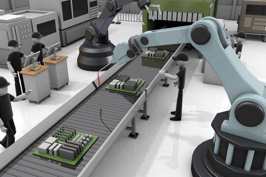 Person working in a factory. Operate the machine. Manufacturing industry that makes things. 3D illustration
