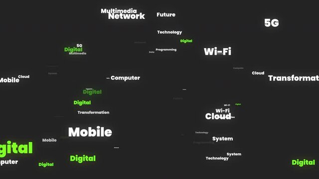 Digital word cloud - flying through digital technology related words - Cloud programming system network 5G data multimedia Wi-Fi computer future transformation mobile. 4K seamless loop.
