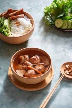 bun cha, grilled pork rice noodles and herbs, vietnamese cuisine