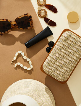 Makeup collection cosmetic products and fashion overhead