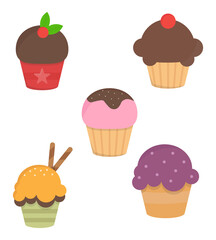 Various sweet cupcakes vector set. Cartoon set of cupcake illustration.