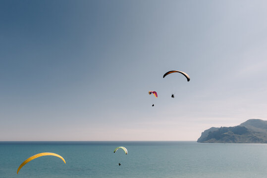 Group of people Practicing Paragliding among the ocean and mountains