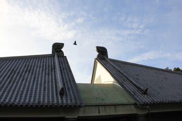 Fototapeta na wymiar 屋根の上の飾り(鴟尾)から飾り(鴟尾)にカラスが飛び移る瞬間