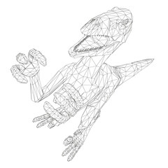 Dinosaur wireframe made of black lines on a white background. Angry dinosaur with raised paws and sharp claws. Perspective view. 3D. Vector illustration