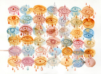 Hand painted watercolor pattern with crying eyes