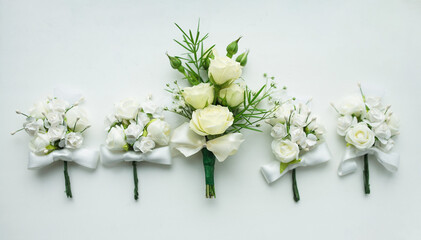 beautifully laid out boutonnieres on a white background