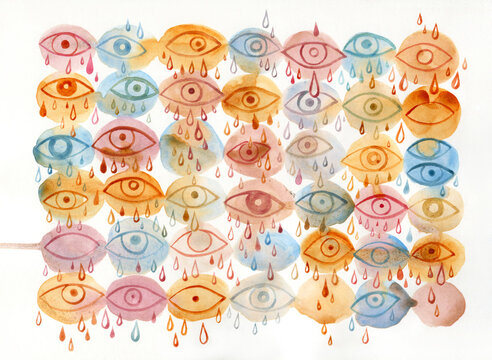 Hand painted watercolor pattern with crying eyes