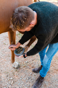 Rider cleaning horseshoes