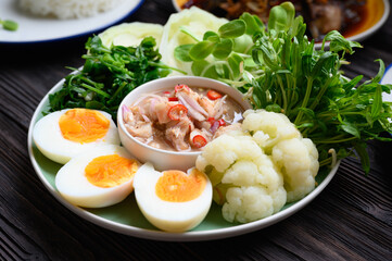 Fresh Boiled Shrimp paste sauce with vegetables in plate