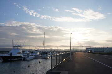 Fototapeta na wymiar 荒浜漁港の夕暮れ、宮城県亘理町/Glowing sunset at fishing port in Miyagi, Japan 
