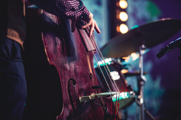Concert view of a contrabass violoncello player with vocalist and musical during jazz orchestra band performing music, violoncellist cello player on stage - obrazy, fototapety, plakaty