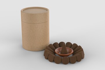 Blank Agar wood Incense coil Paper Tube Packaging For Branding and mock up, 3d render illustration.