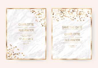 Luxury marble holiday design invitation cards with gold sparkle confetti border.
