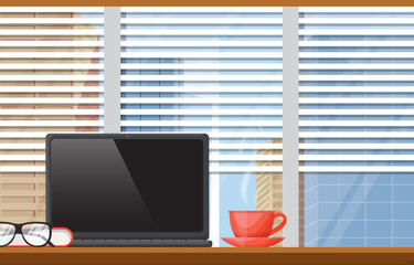 A Cup of Tea on Workbench Office Work Table Laptop Illustration
