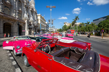 Havana, Cuba – 16 January, 2020: Famous colorful Taxis in Havana waiting for tourists to take a ride in a vintage car around major city attractions