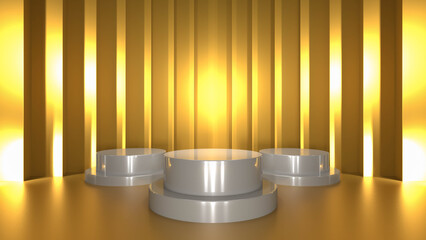 product display or showcase pedestal on gold background product template. 3D rendering