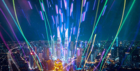 Abstract colorful luminous light emitted from the city.