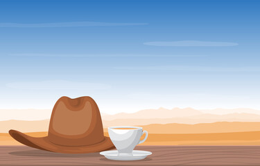 A Cup of Tea and Cowboy Hat in Desert Landscape View Illustration