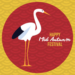happy mid autumn festival with stork and lettering