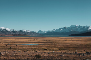Peaceful landscape of dry grass field and far away lake at the foot of the mountain with snow on the mountains top in Patagonia, Chile.