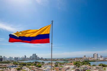 Colombia, scenic view of Cartagena cityscape, modern skyline, hotels and ocean bays Bocagrande and...