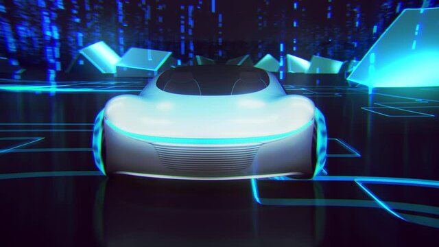 Electric concept car driva in abstract studio design with glowing environment. 4k 3d animation