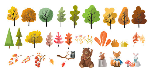Set of trees, flowers, and animals, paper art style, flat-style vector illustration.