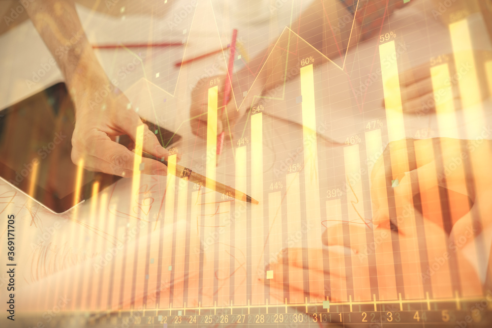 Poster double exposure of forex graph drawing and man and woman working together holding and using a mobile