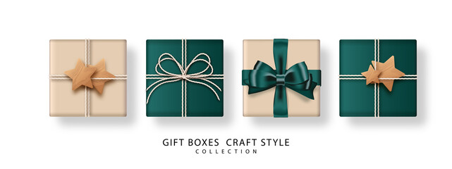Set of gifts box. Collection of craft-style gift presents isolated on white background. Top view. Design elements for decorative. Vector illustration.