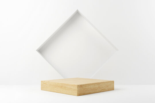 Abstract minimal scene with geometric forms. Wood cube podium stage in white background. for show product cosmetic presentation, mock up, 3d render.