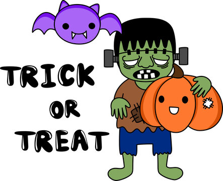 Cartoon of Frankenstein, his pumpkin and the little cute bat costume for trick or treating. Simple cute hand draw line vector and minimal icons flat style character illustration.
