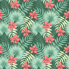 Tropical leaves and flowers. Delicate seamless pattern. Vector illustration isolated on green background.