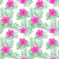 Fotobehang Tropical leaves and flowers. Delicate seamless pattern. Vector illustration isolated on white background. © iuvmiro