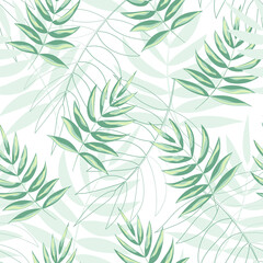 Naklejka na ściany i meble Tropical leaves and flowers. Delicate seamless pattern. Vector illustration isolated on white background.