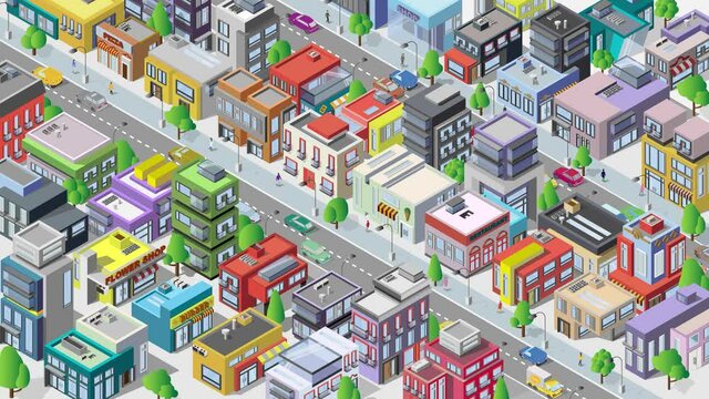 City landscape Animated city. City isometric style with cars roads looped animation. rounded video. Megalopolis. Architecture