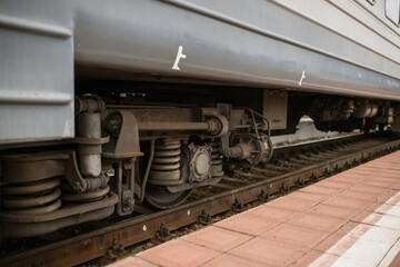 Train wheel. Railway. Close up view of the wheels of the train.